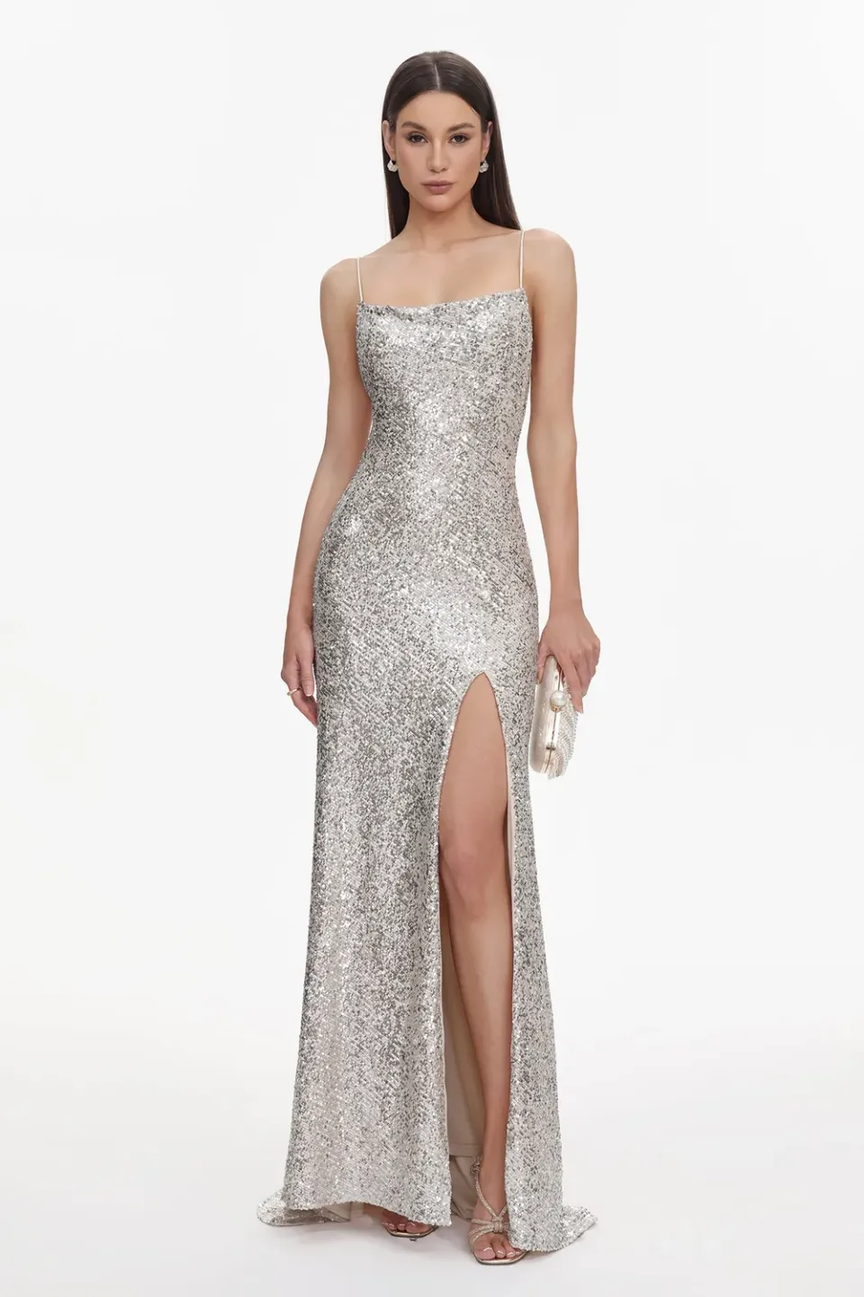 Bella Barnett Fagra abito lungo oro paillettes spacco alto S
