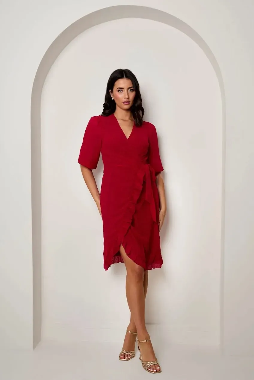 Chi Chi London Puff Sleeve abito wrap rosso mini chiffon