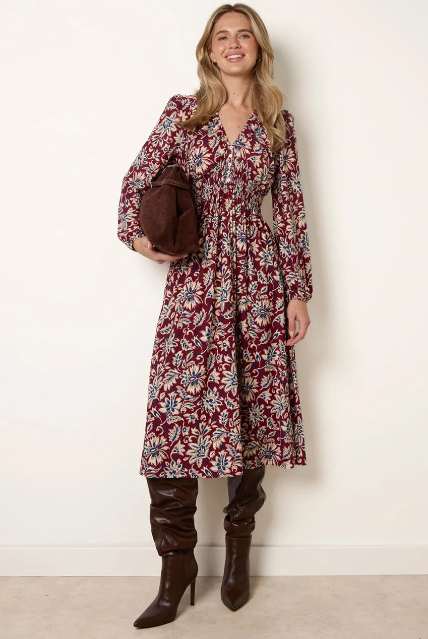 Blue Vanilla V Neck Elasticated abito midi bordeaux floreale