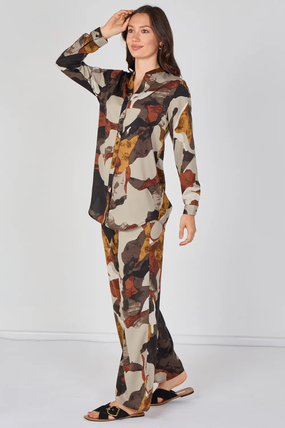 Love Sunshine set camicia pantalone tortora fantasia
