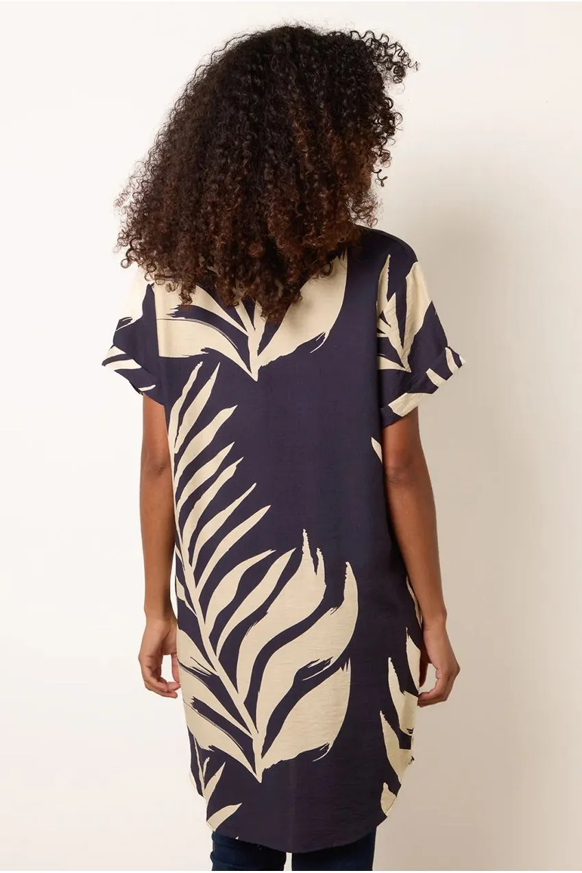 Blue Vanilla Palm Print Tunica Blu Navy Maniche Corte viscosa