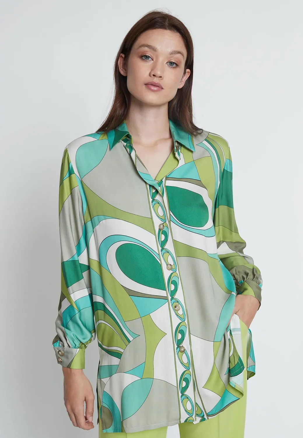 Ana Alcazar Risti camicia raso verde fantasia