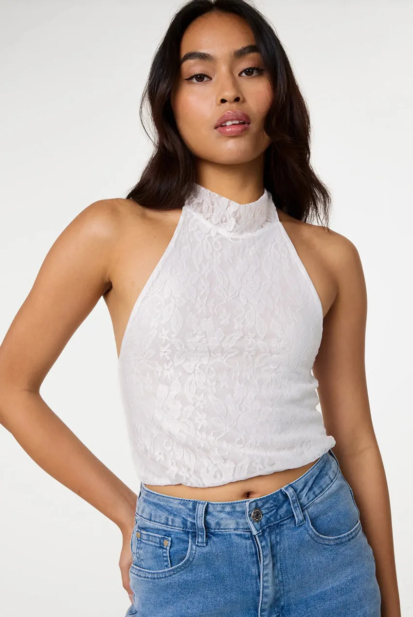 Pink Vanilla top pizzo avorio S scollo halter allacciato