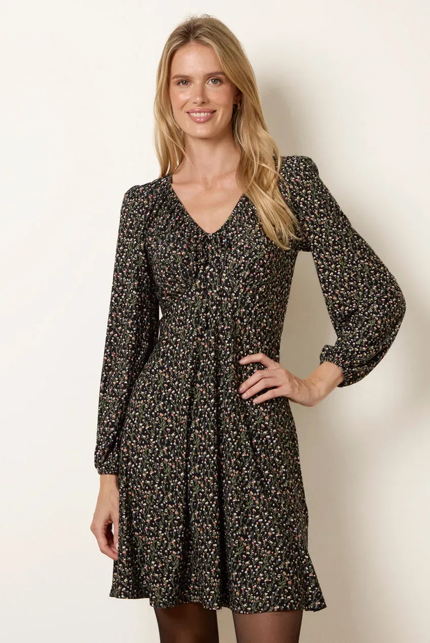 Blue Vanilla Floral Neck abito swing nero S/M floreale scollo V