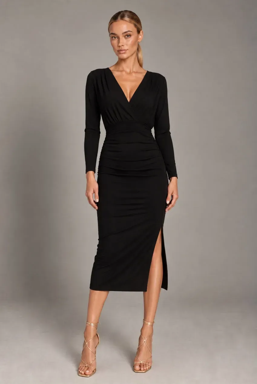 Honor Gold Abbey abito midi nero maniche lunghe scollo a V