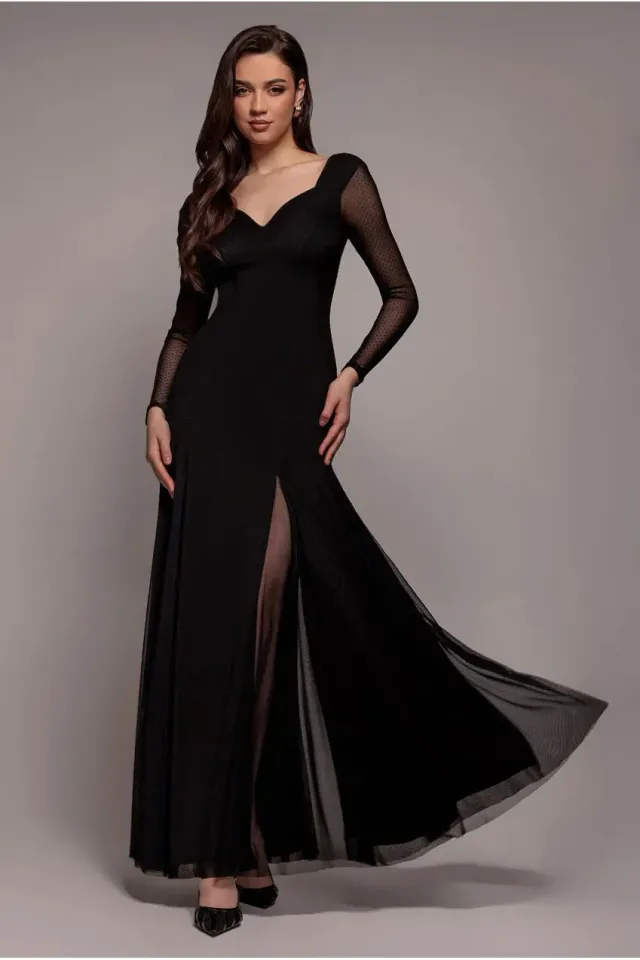 Goddiva Dobby Mesh Insert Abito Maxi Nero a trapezio