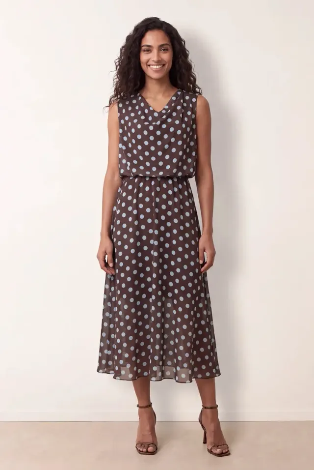 Blue Vanilla Polka Dot Drop Cowl Neck abito midi cioccolato