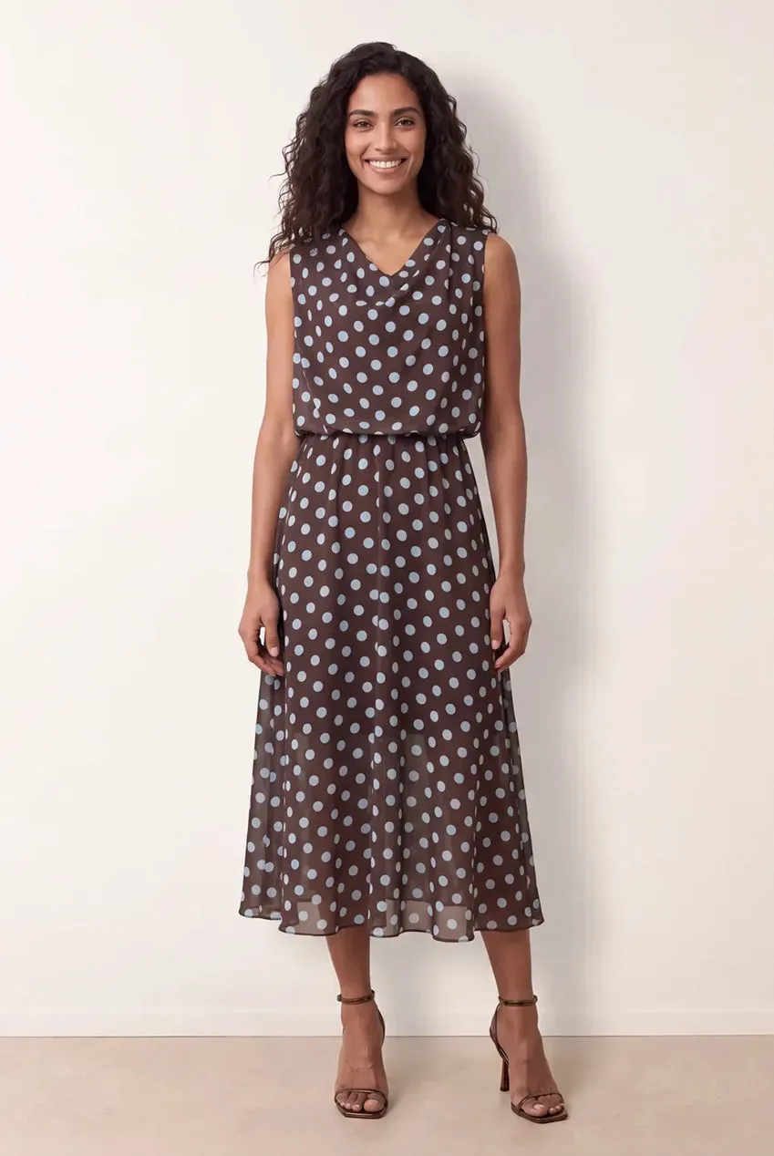Blue Vanilla Polka Dot Drop Cowl Neck abito midi cioccolato