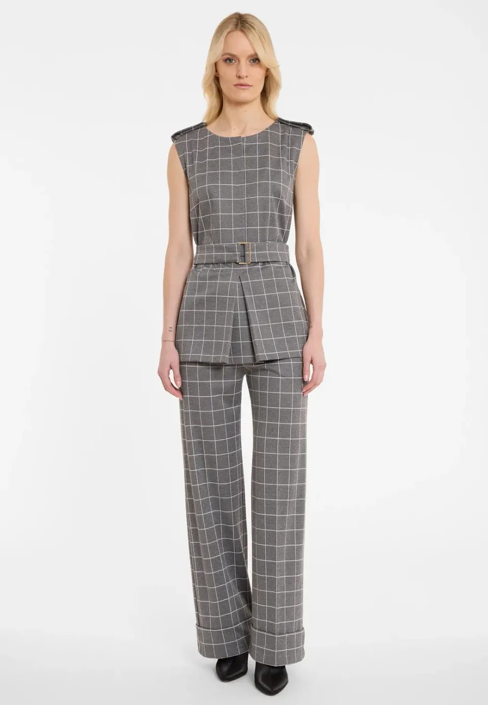 Ana Alcazar Amira gilet top grigio quadri con cintura
