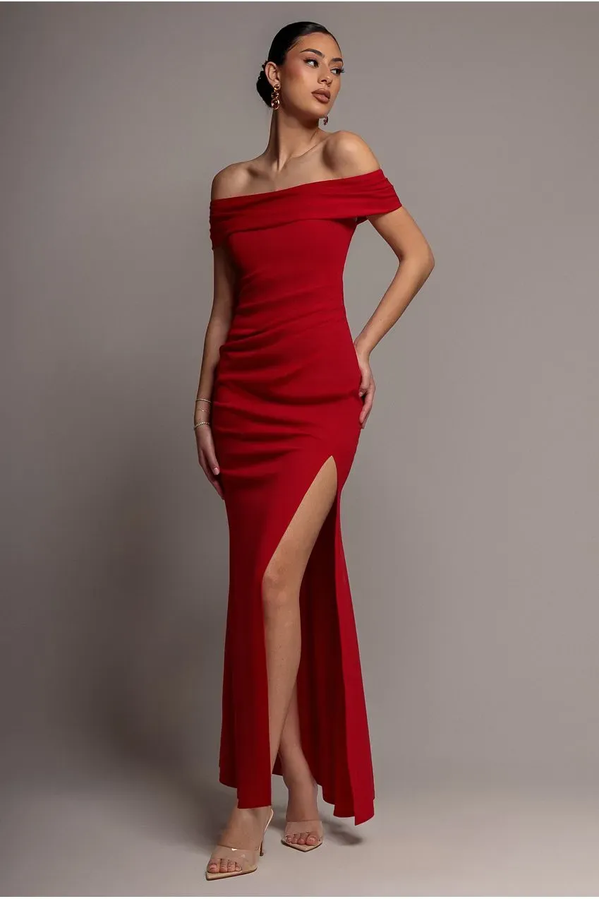 Goddiva Off Shoulder abito maxi rosso spacco scuba elegante