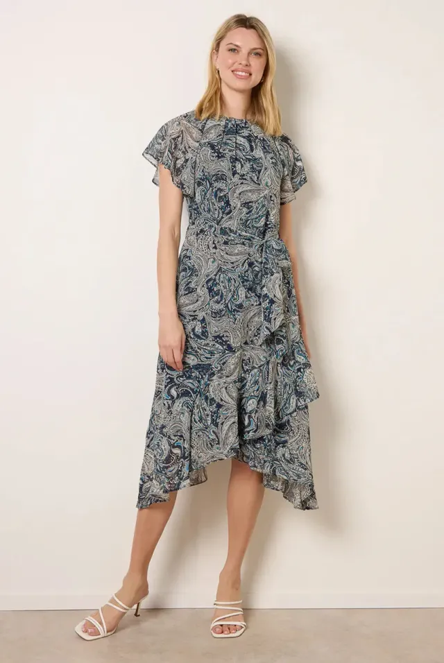 Blue Vanilla Paisley Angel Sleeve abito midi blu navy