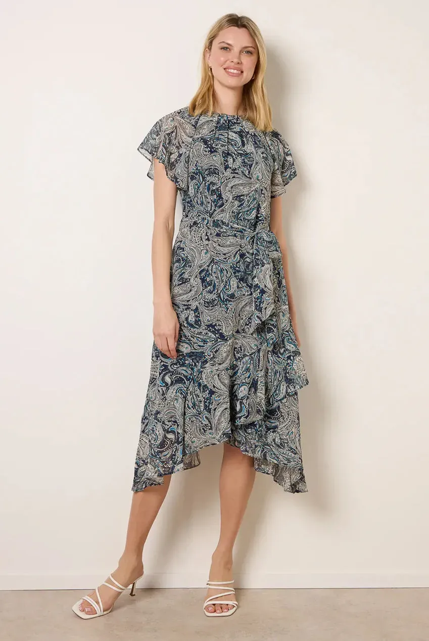 Blue Vanilla Paisley Angel Sleeve abito midi blu navy