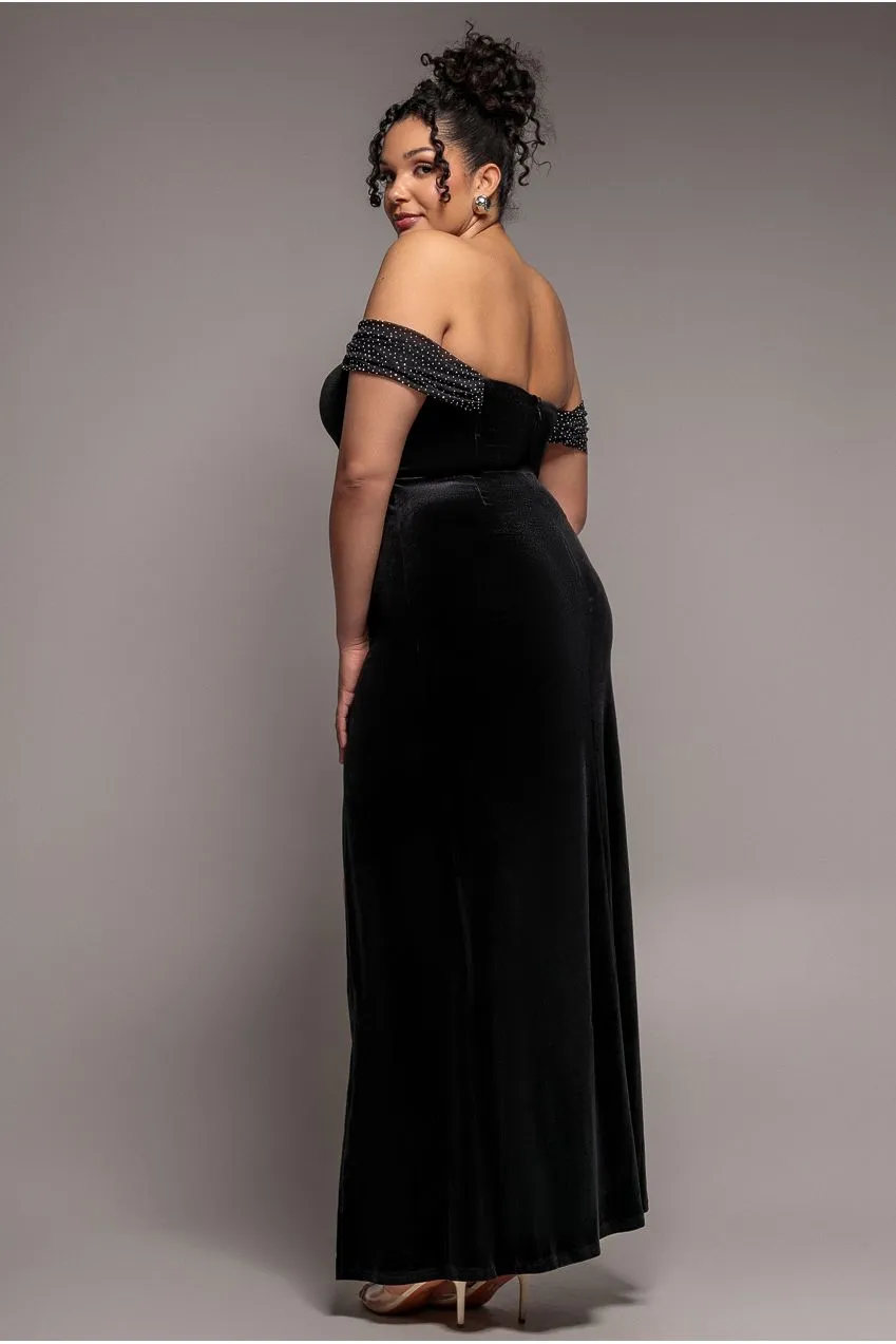 Goddiva Plus DR4484 abito maxi velluto nero diamante