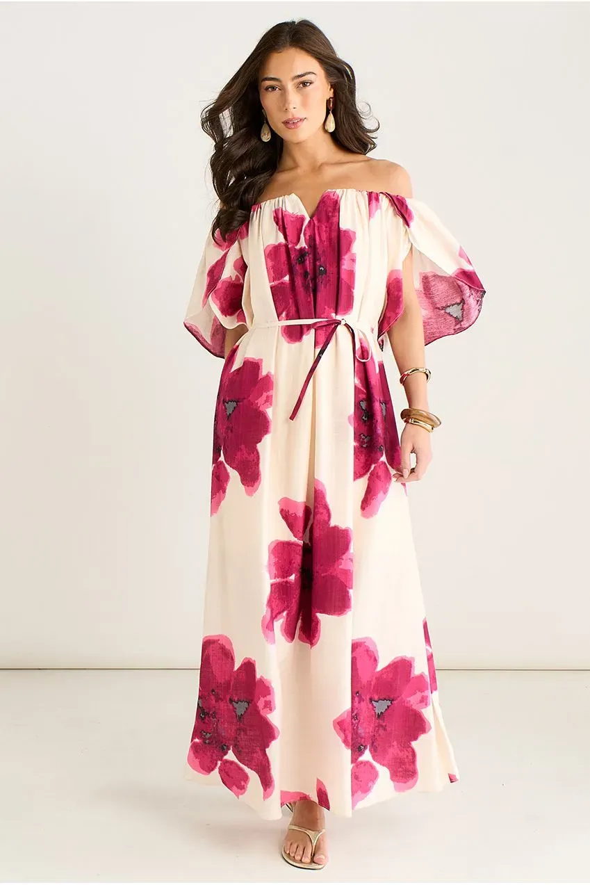 Goddiva Gini London abito maxi rosa bardot spalle scoperte