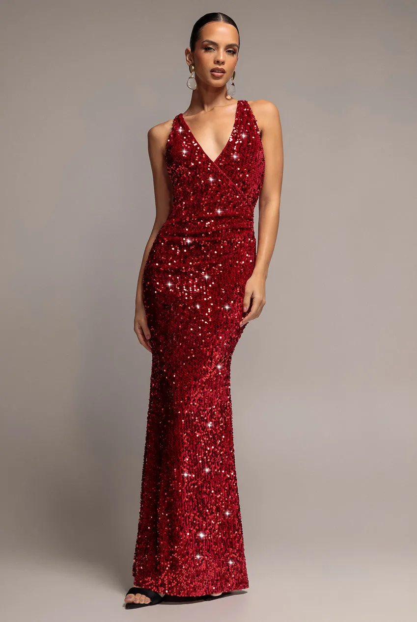 Goddiva Sequin Velvet Abito Lungo Rosso Scollo V