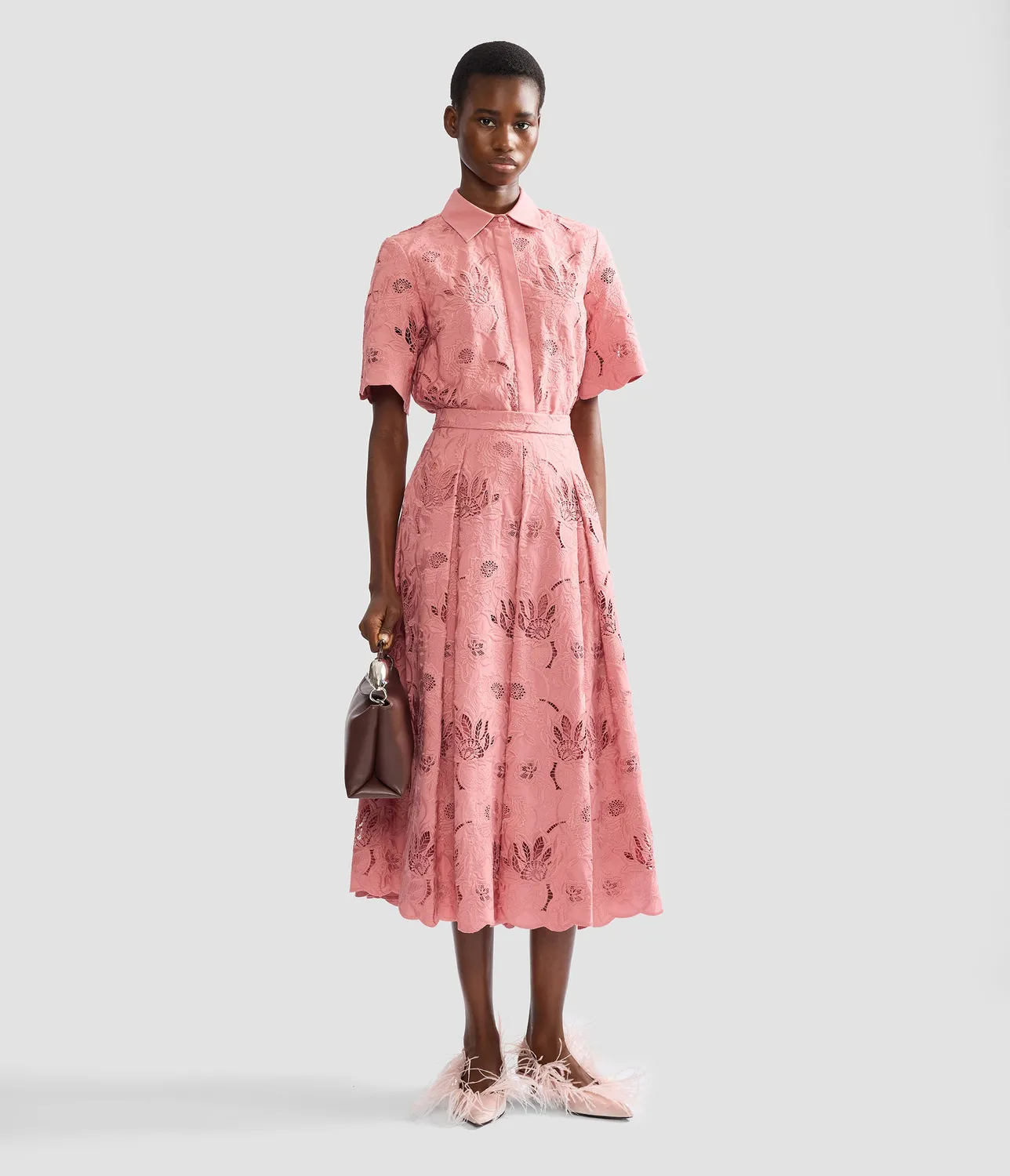 Erdem Floral Cotton Cutwork Short Sleeve Shirt camicia rosa