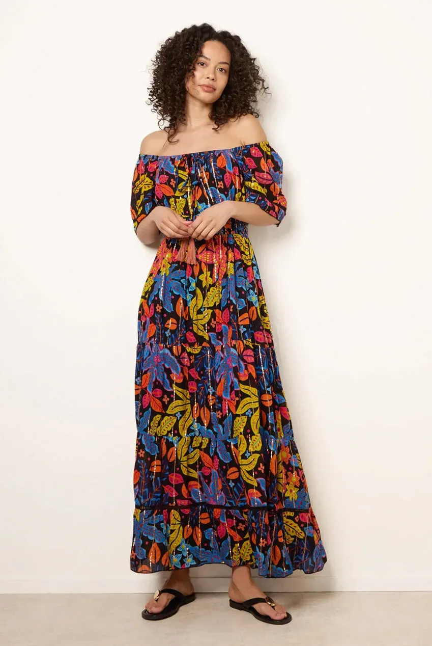 Blue Vanilla Bardot Tassel abito maxi nero stampato
