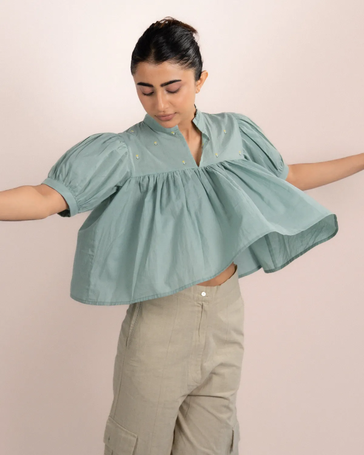 Our Dve Rosy top azzurro menta cotone