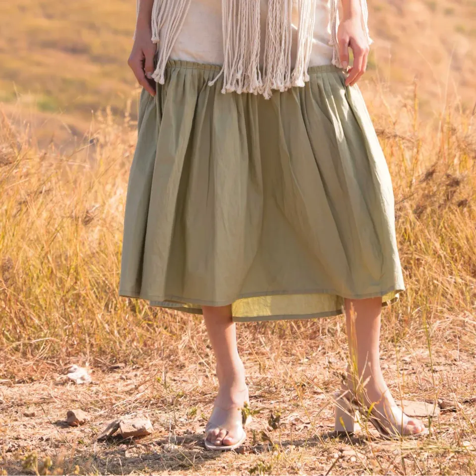 Our Dve Noura gonna cotone beige verde L pieghe