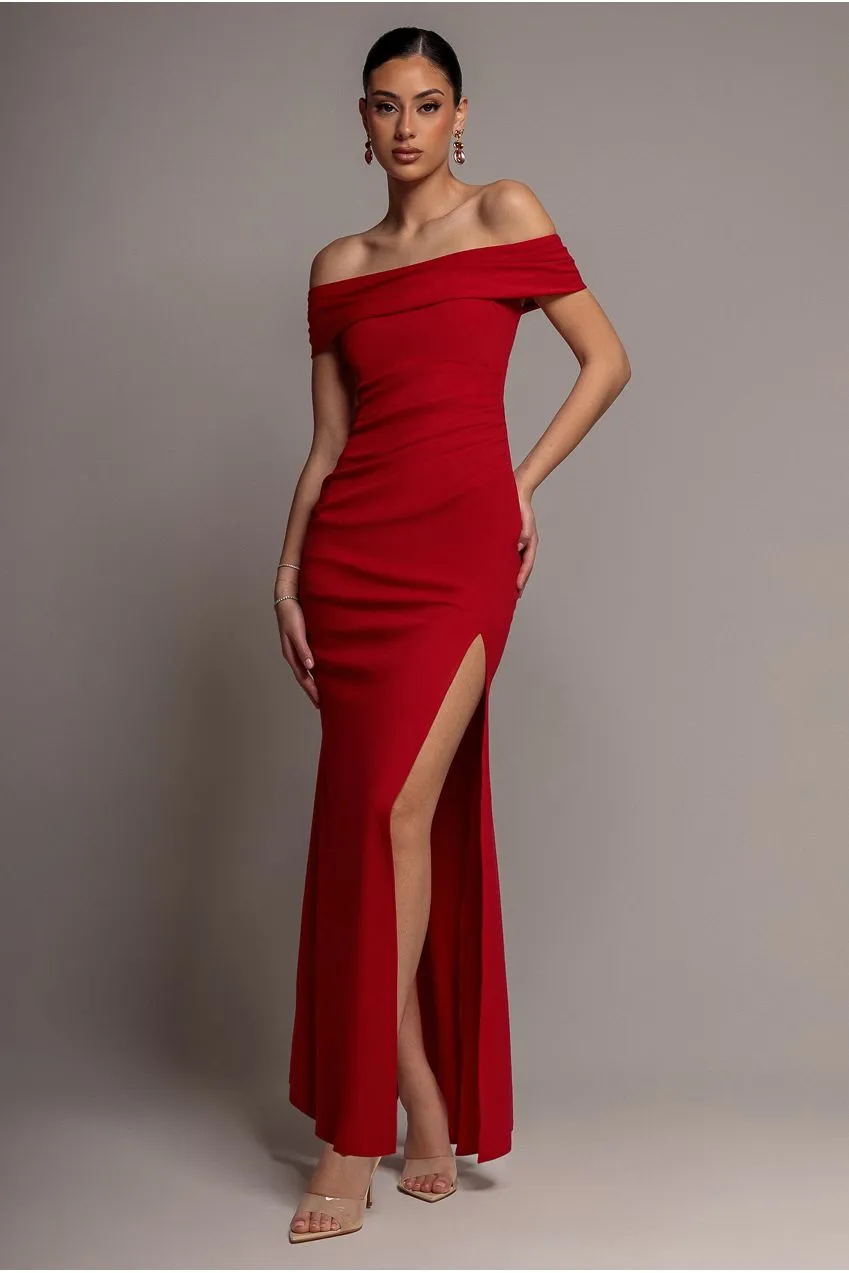 Goddiva Off Shoulder abito maxi rosso spacco scuba elegante