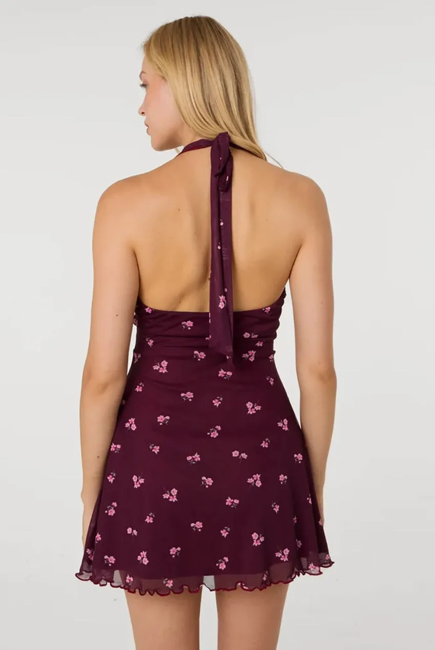 Pink Vanilla Floral Polka Dot abito halter mini mesh prugna