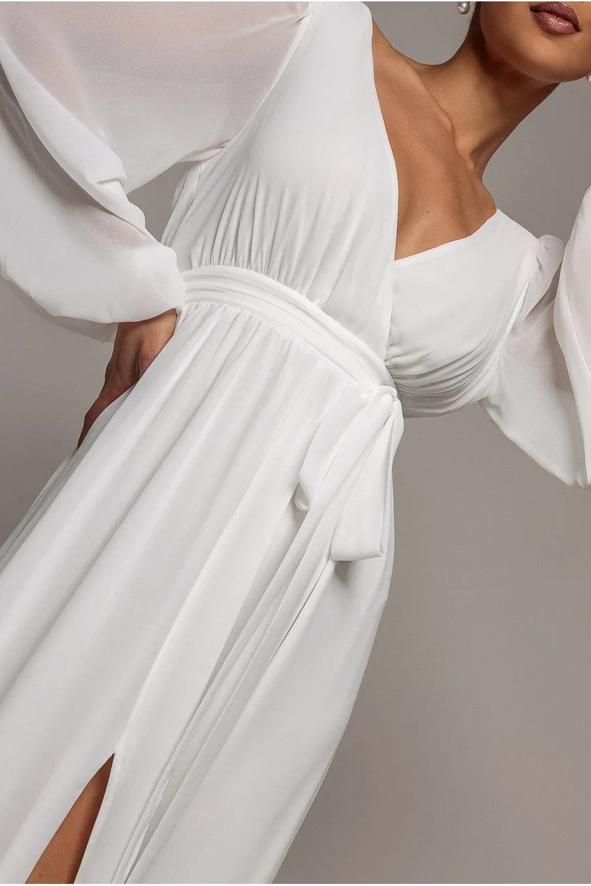 Goddiva Chiffon abito maxi bianco spacco maniche lunghe