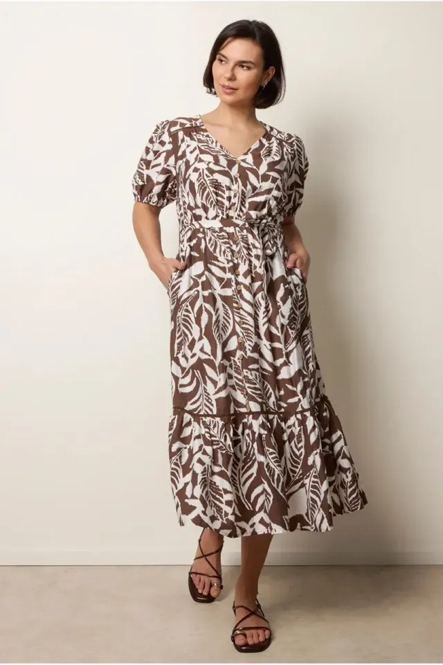 Blue Vanilla Coconut Button Belted abito midi marrone