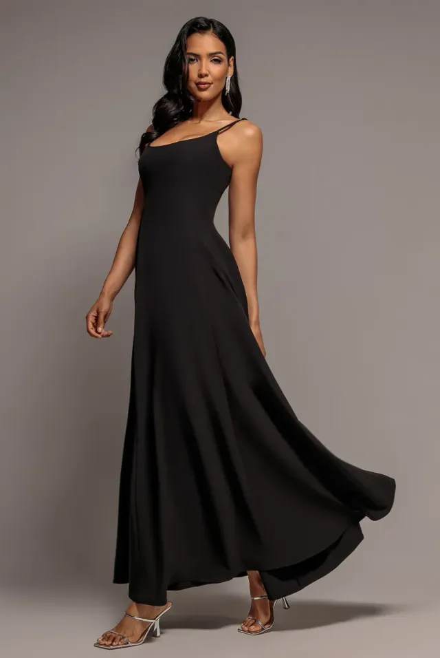 Goddiva Fit & Flare abito lungo nero senza spalline