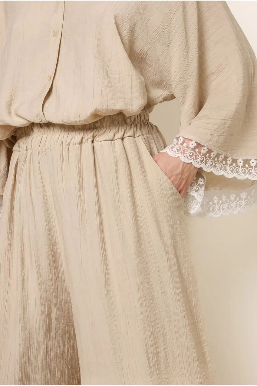 Goddiva Crinkle Viscose Wide Leg pantaloni beige