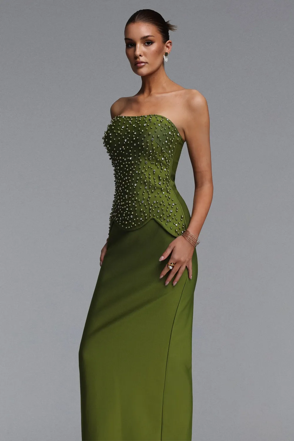 Goddiva Bella Barnett Yette set top gonna verde perline maxi