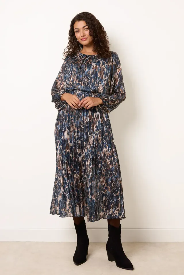 Blue Vanilla Abito Midi Plissé Leopardato Navy