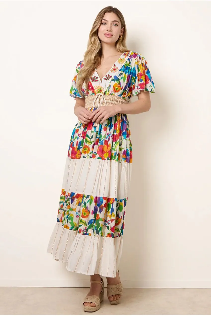Blue Vanilla Tiered abito lungo multicolor scollo V viscosa