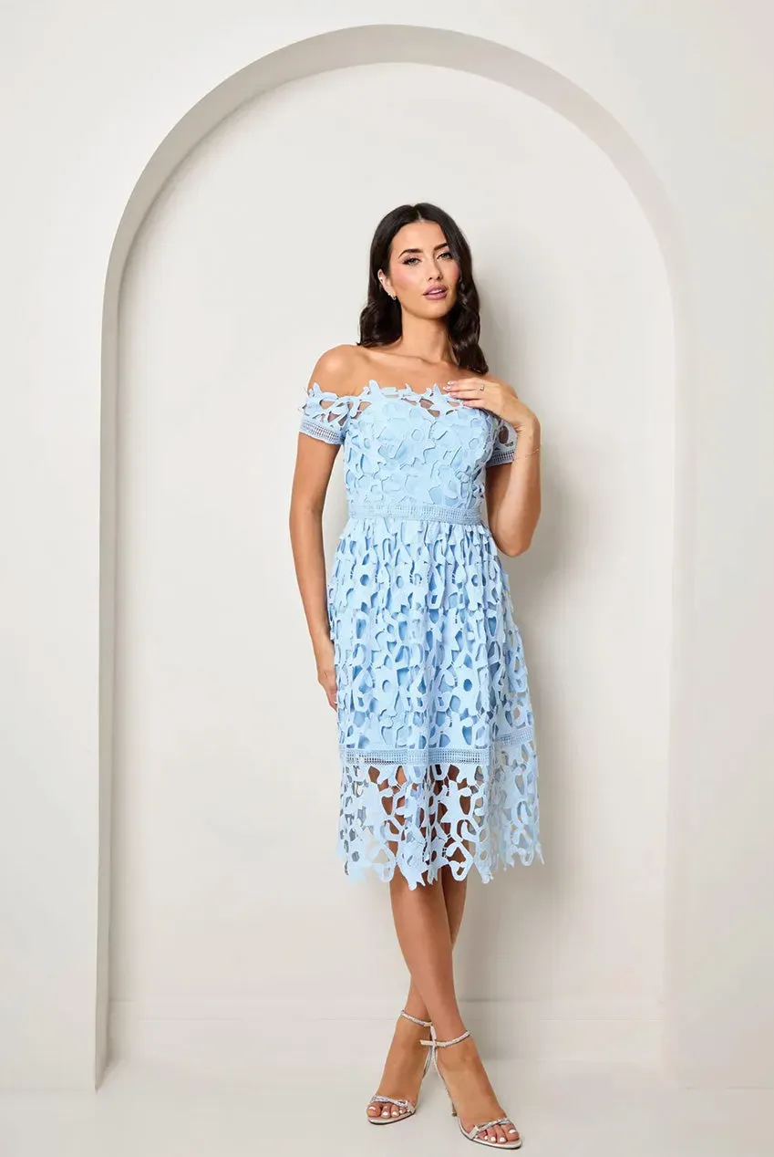 Chi Chi London Bardot abito midi pizzo blu 10