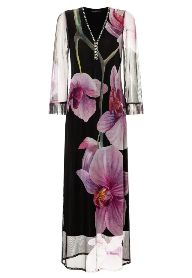 Ana Alcazar Pegasa abito caftano maxi nero stampa orchidea