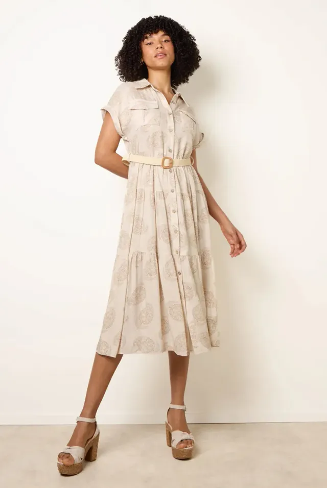 Blue Vanilla Paisley Print abito midi lino beige L