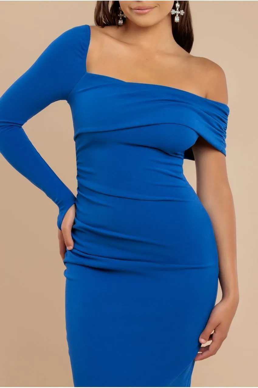 Goddiva DR3638 abito midi blu royal monospalla scuba