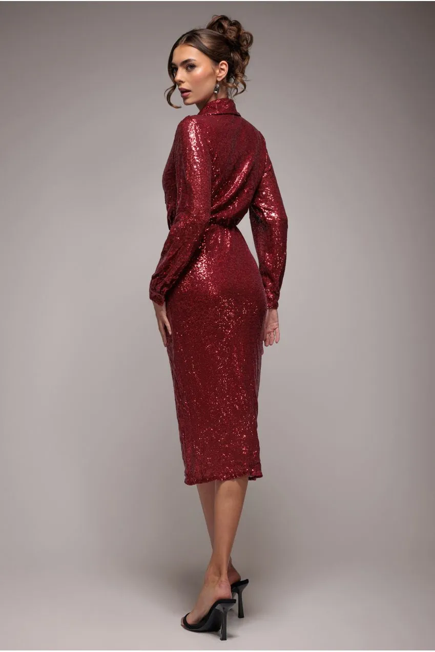 Goddiva Sequin Split chemisier bordeaux paillettes manica lunga