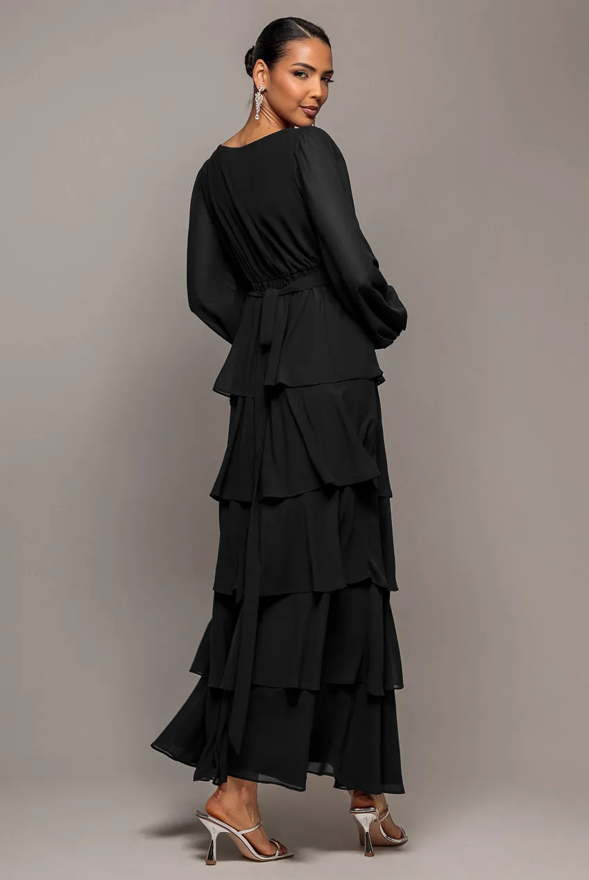 Goddiva Chiffon Wrap Maxi abito nero scollo V maniche lunghe