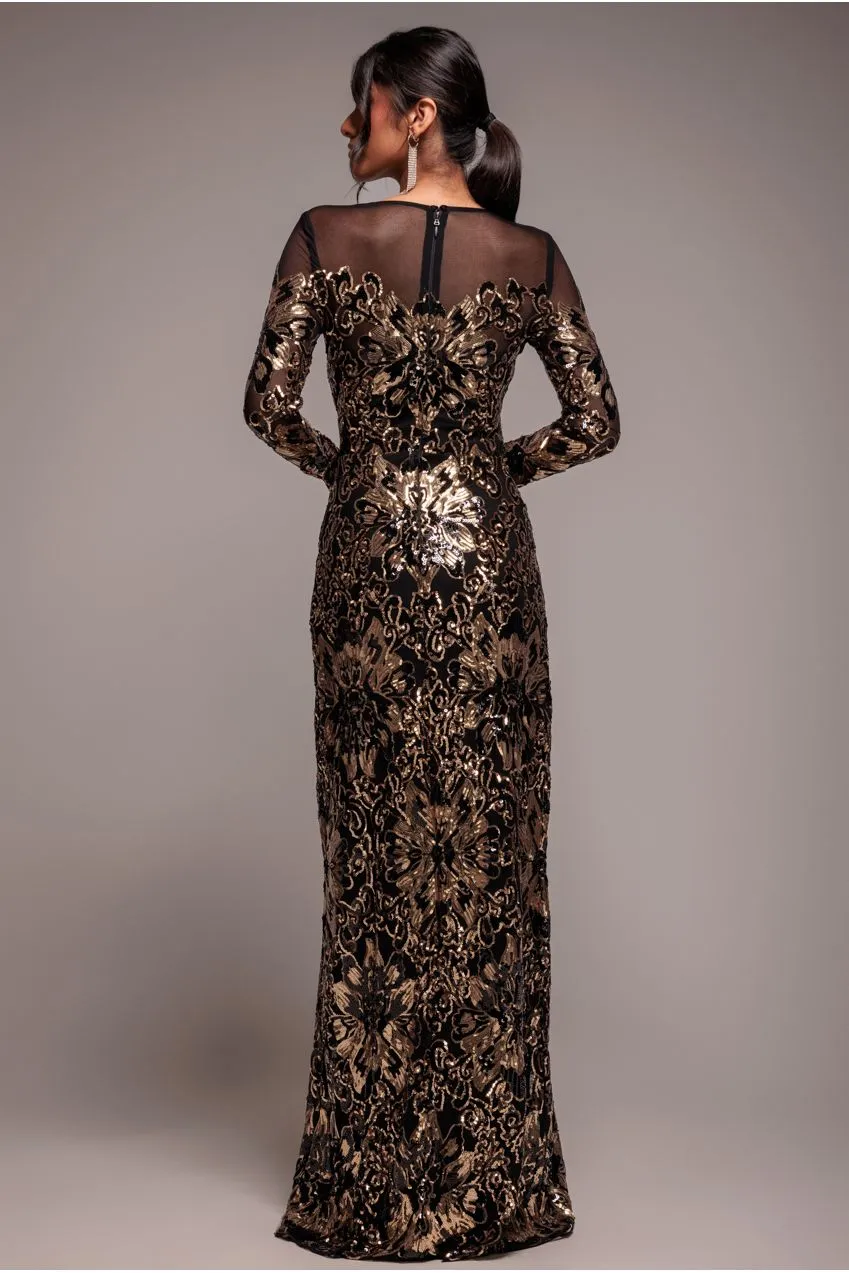 Goddiva Floral Abito Maxi Oro Paillettes