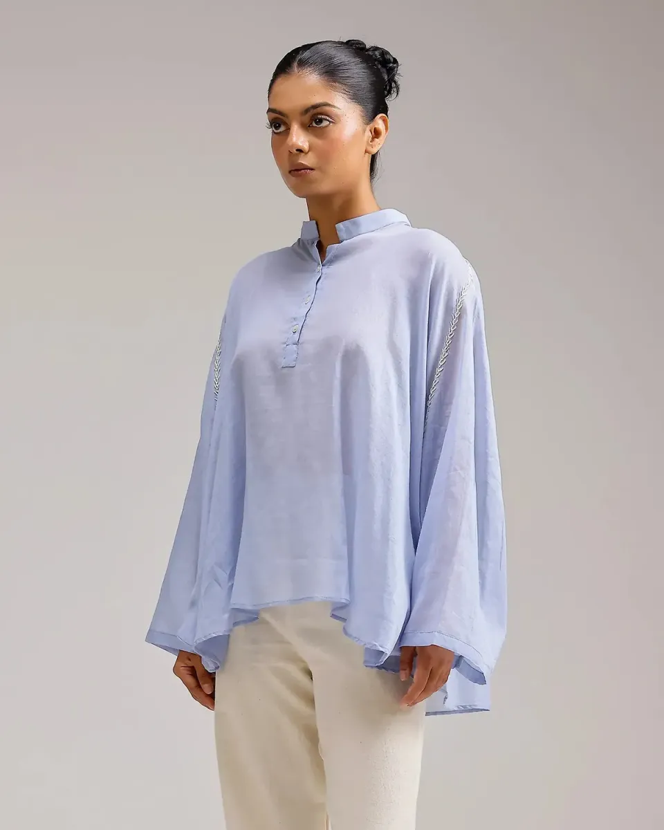 Our Dve Saanjh Soft Chanderi Top Blu Etereo