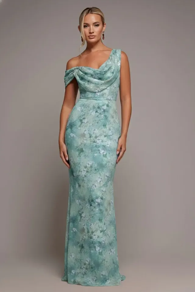Goddiva One Shoulder Abito Chiffon Blu Floreale Maxi
