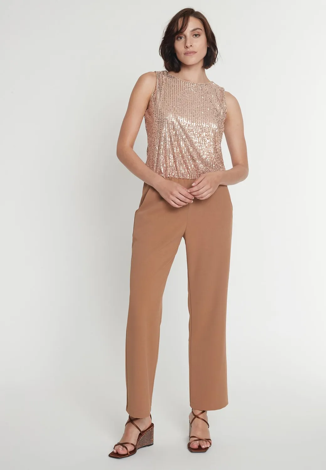 Ana Alcazar Paamy tuta elegante paillettes oro rosa