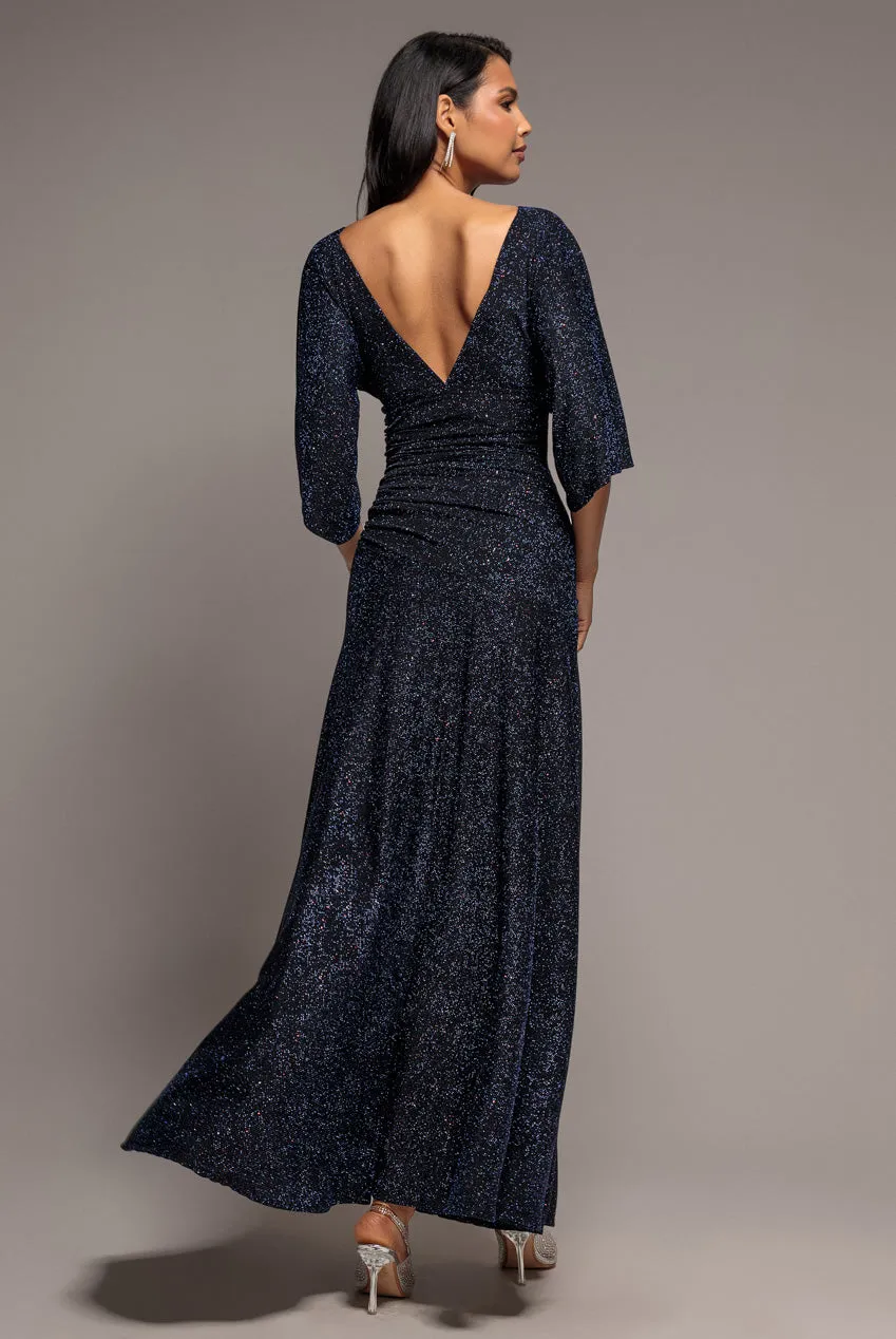 Goddiva Lurex Kimono abito maxi blu navy maniche kimono