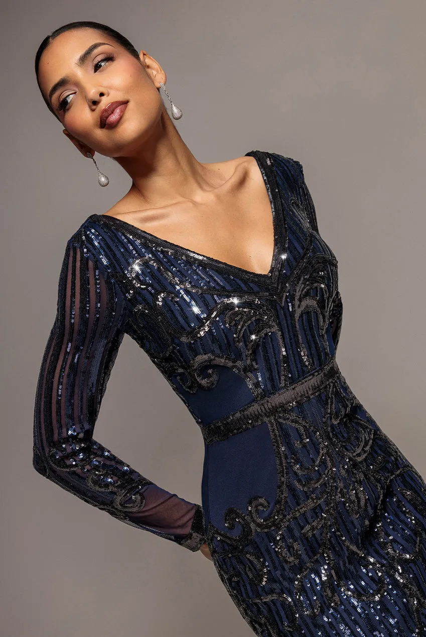 Goddiva Sequin Mesh abito lungo paillettes blu navy