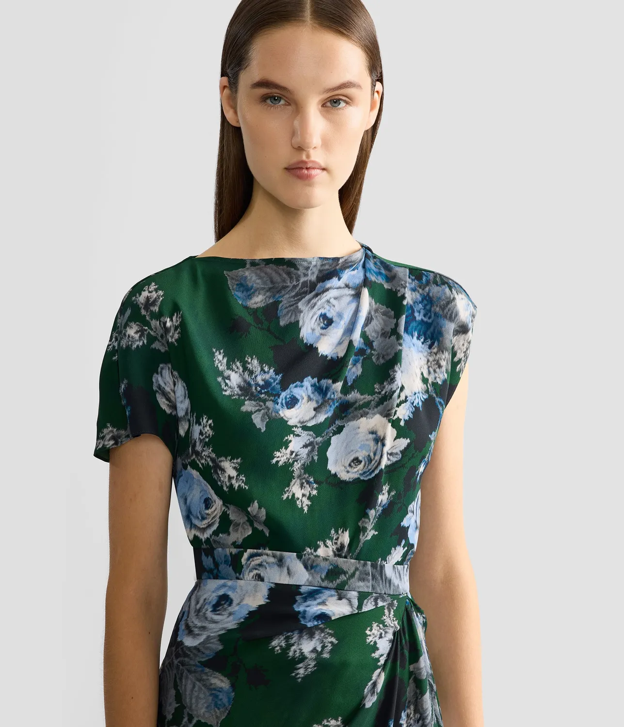 Erdem Top Crepe Verde Fiori Drappeggio Corto