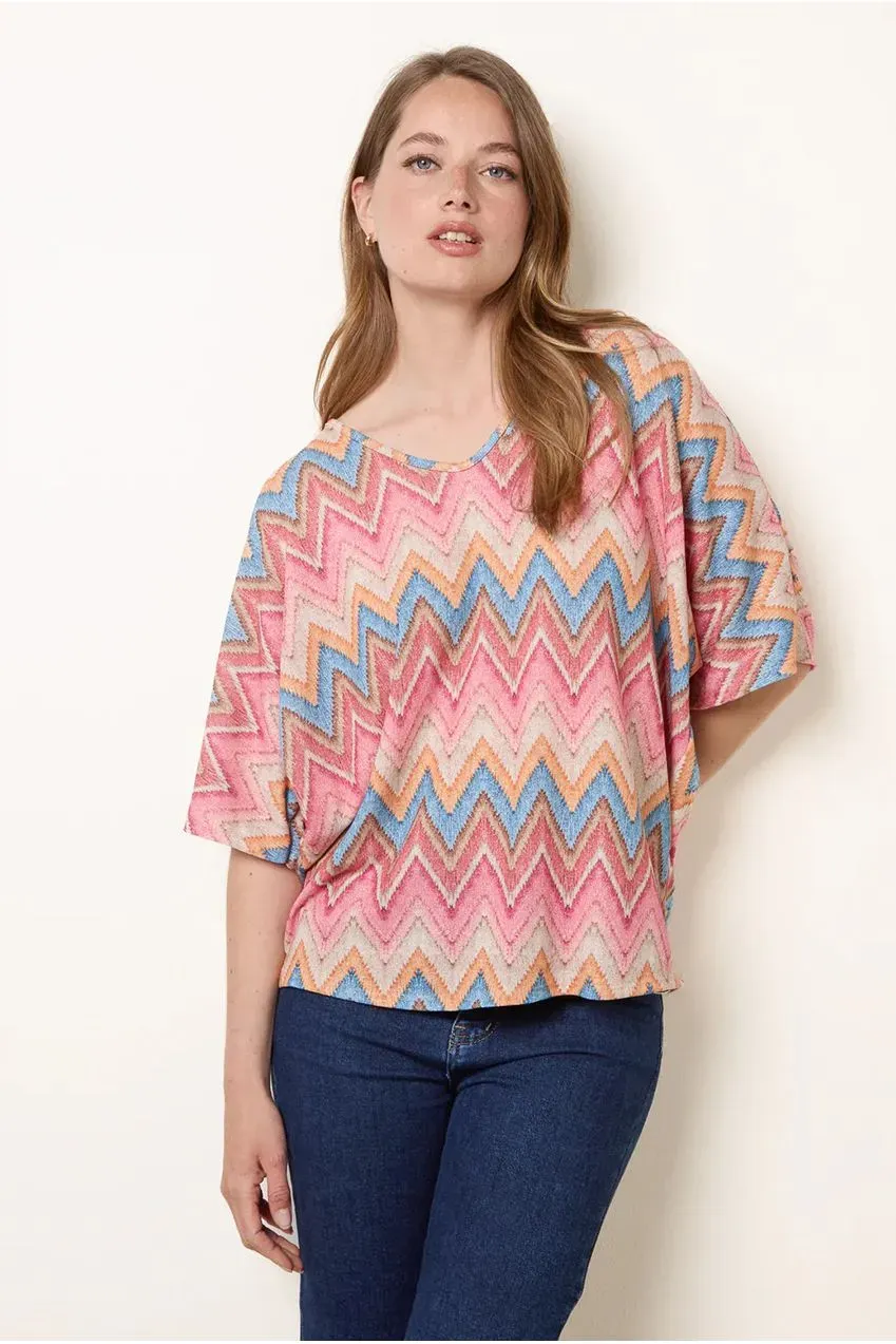 Blue Vanilla Zig Zag Metallic Bow Back Top rosa scollo a V