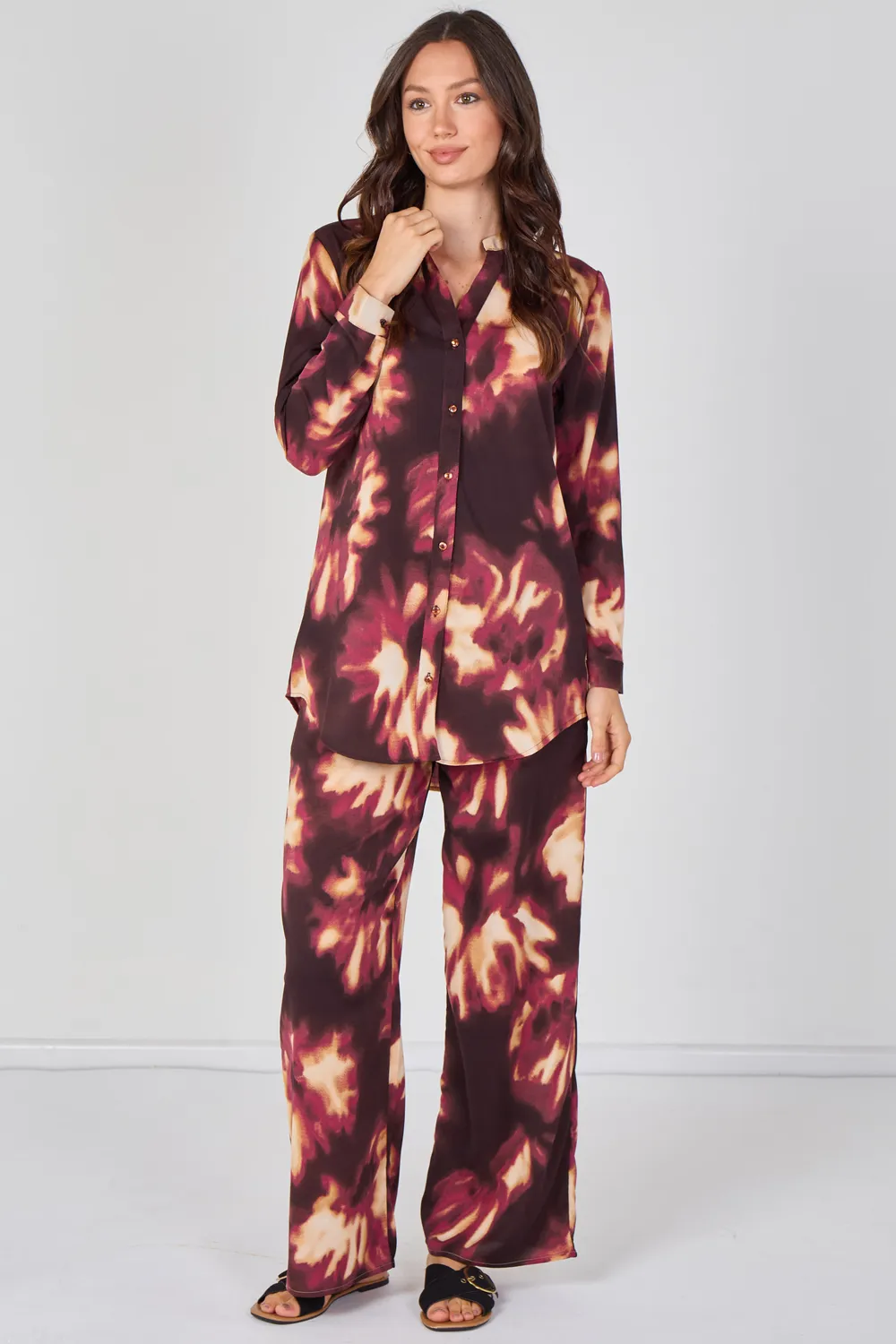 Love Sunshine coordinato camicia pantalone bordeaux fantasia
