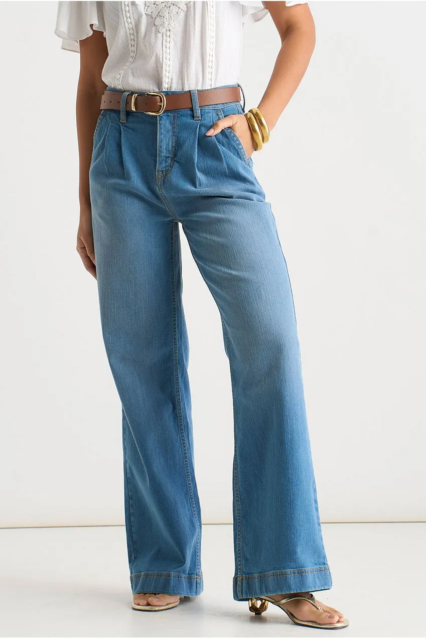 Gini London Blue Pleat Wide Leg jeans blu gamba larga