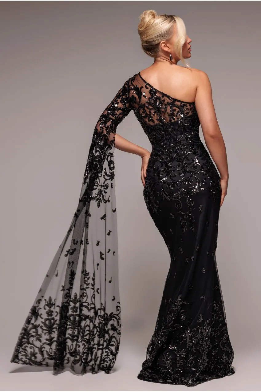Goddiva One Shoulder abito maxi nero paillettes