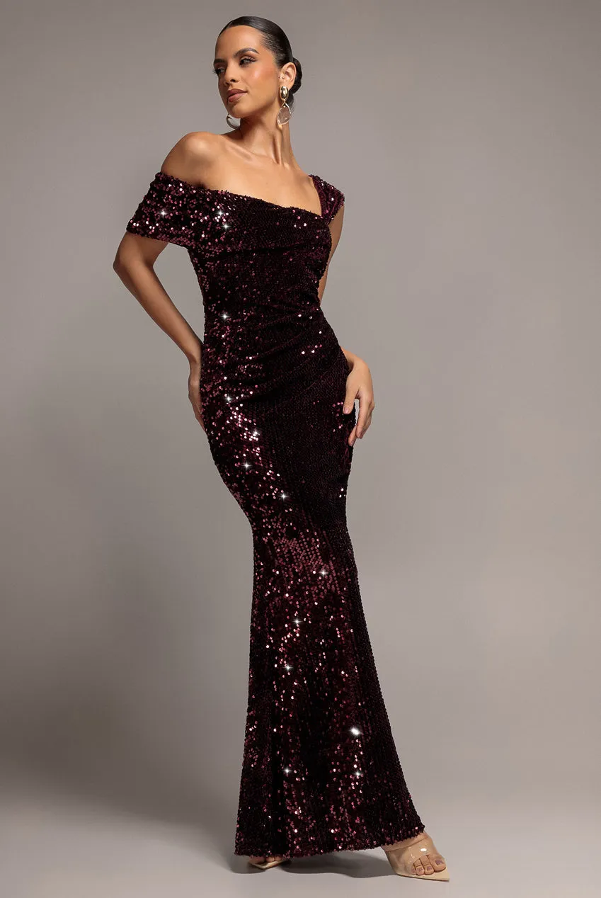 Goddiva Asymmetric Abito Lungo Prugna Paillettes